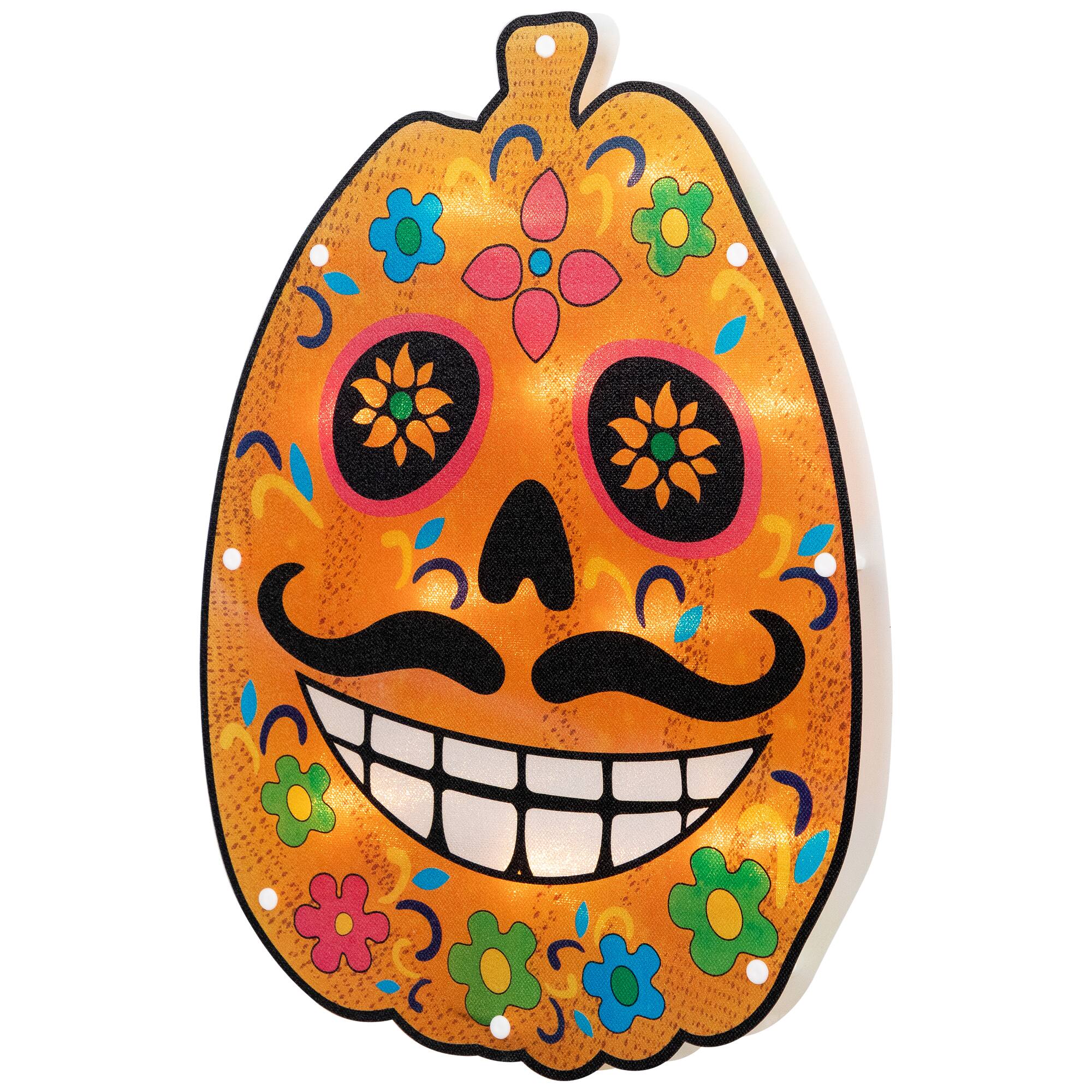 15" Lighted Sugar Skull Pumpkin Halloween Window Silhouette